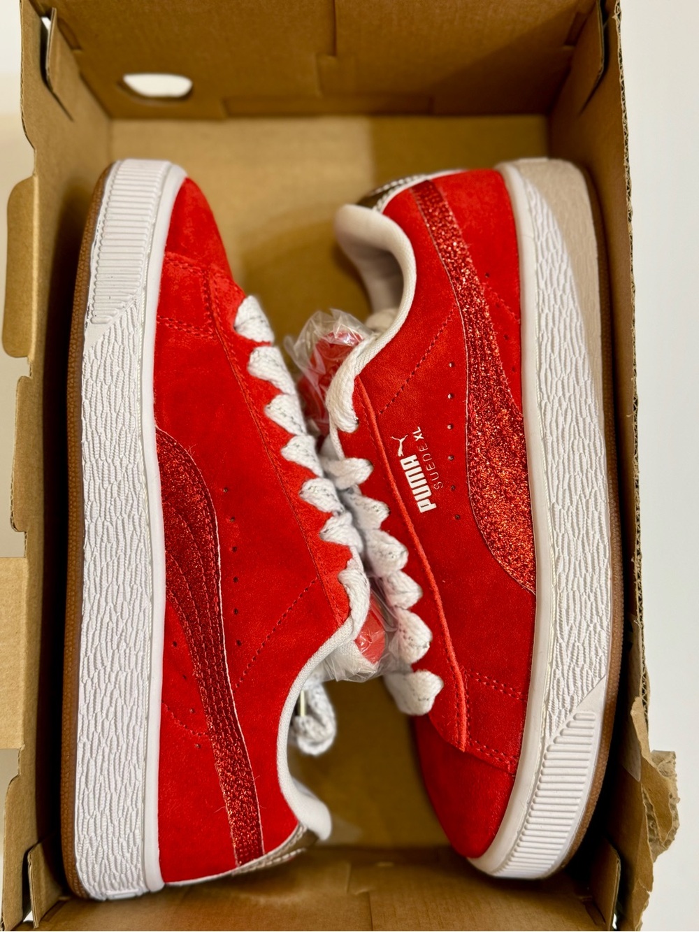Puma Kids Red Suede Low-Top Sneakers with White Soles